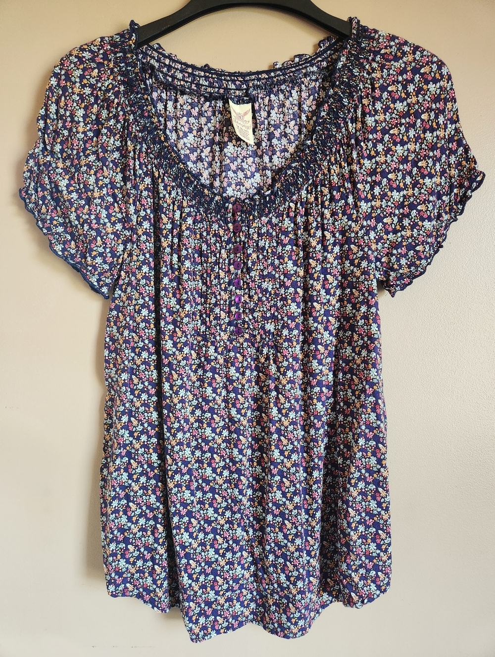 Faded Glory Y2K Floral Smocked Boho Peasant Top - Blue Sapphire